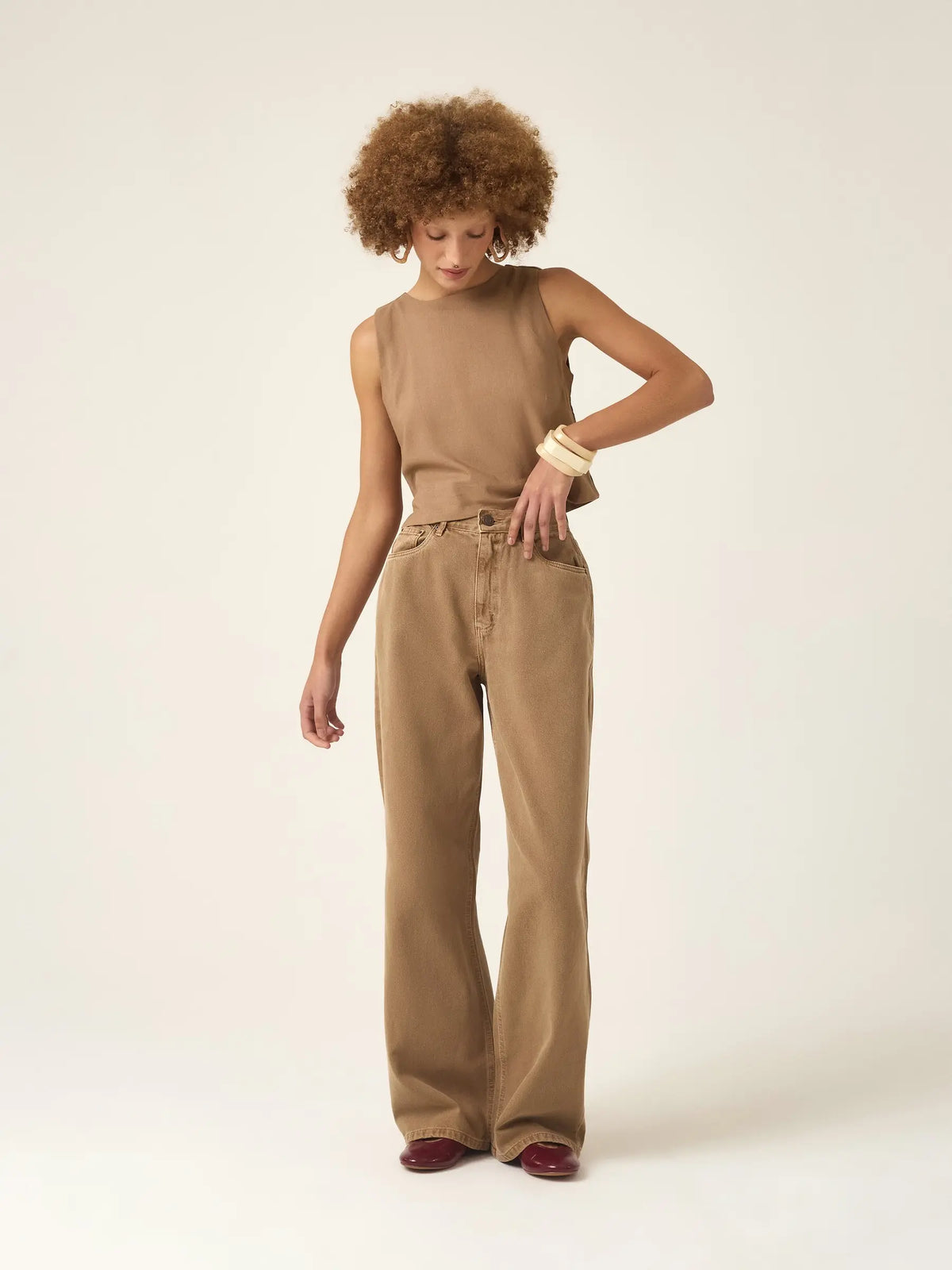 Calça Jeans Wide Leg Buriti Marrom Claro