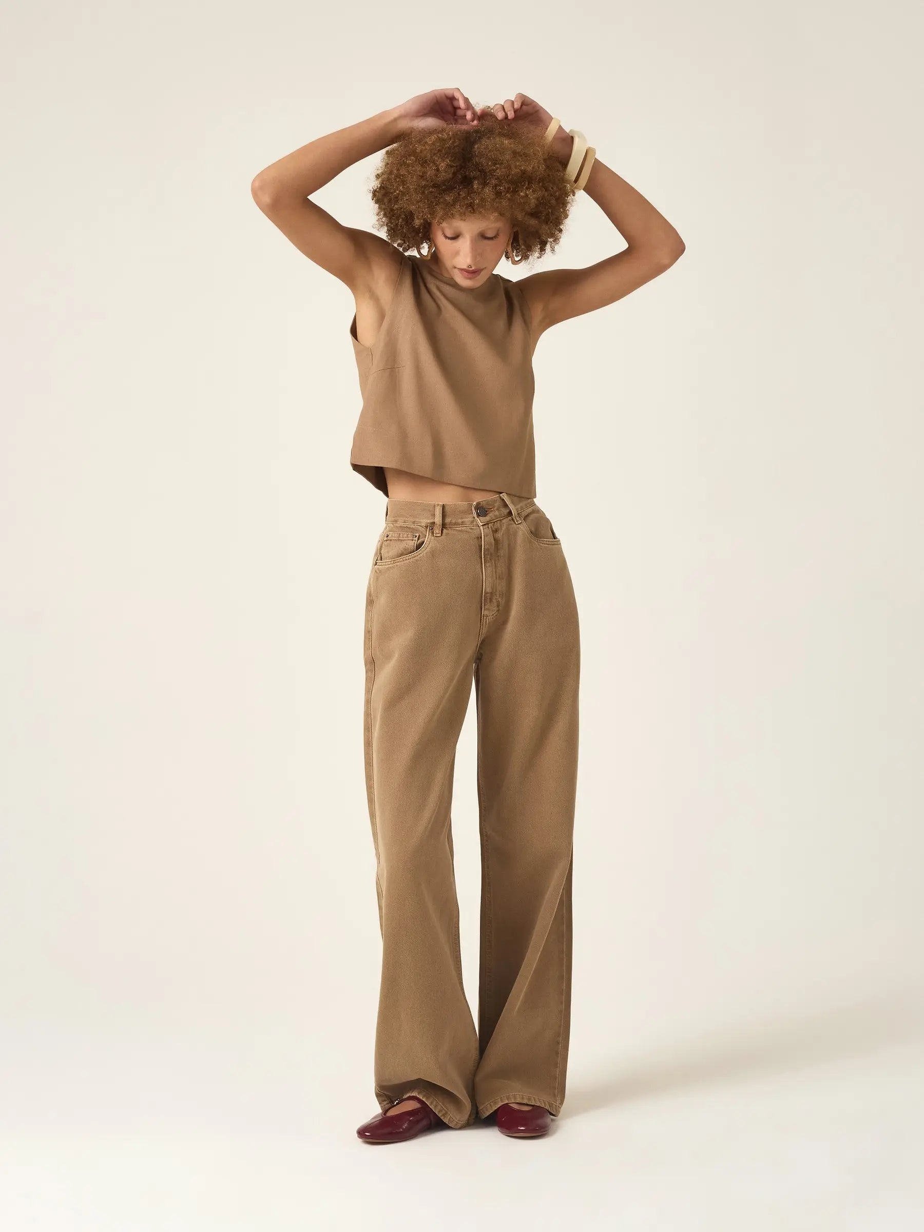 Calça Jeans Wide Leg Buriti Marrom Claro