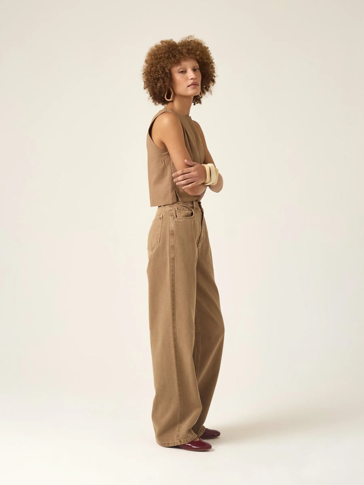 Calça Jeans Wide Leg Buriti Marrom Claro