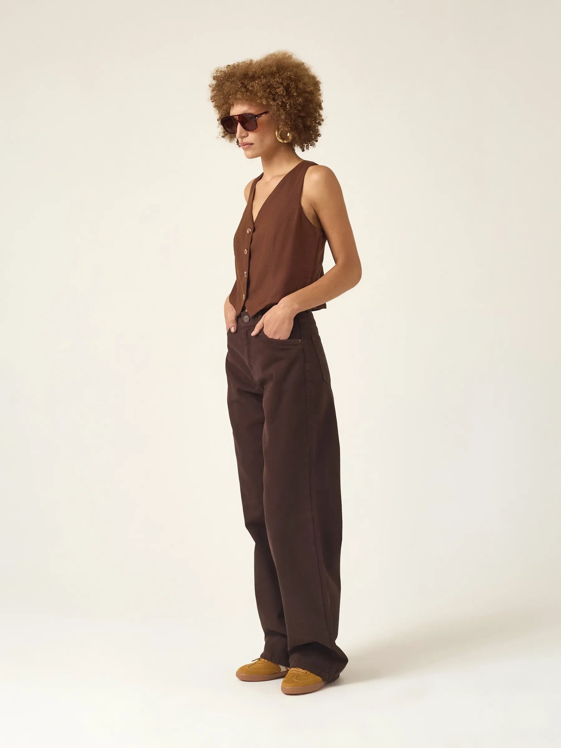 Calça Jeans Wide Leg Buriti Marrom Escuro